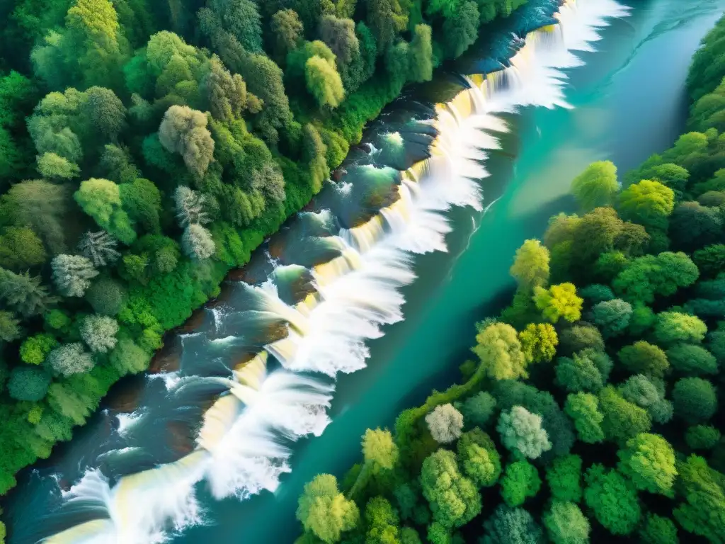 Río salvaje: caos y serenidad en la naturaleza Un río tumultuoso corta la selva, reflejando caos y calma