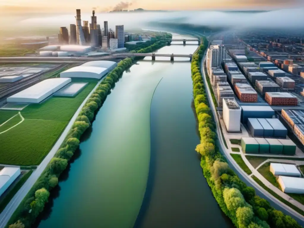 Río urbano contaminado: desafíos y contrastes Un río urbano degradado con contaminación industrial y basura, reflejando la necesidad de recuperación de ríos urbanos