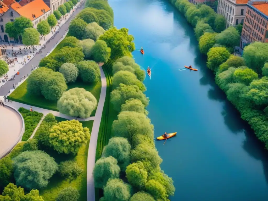 Río urbano en restauración: naturaleza y diversión junto al agua Un río urbano en plena recuperación, con gente disfrutando en kayaks y bicicletas, y trabajadores plantando árboles