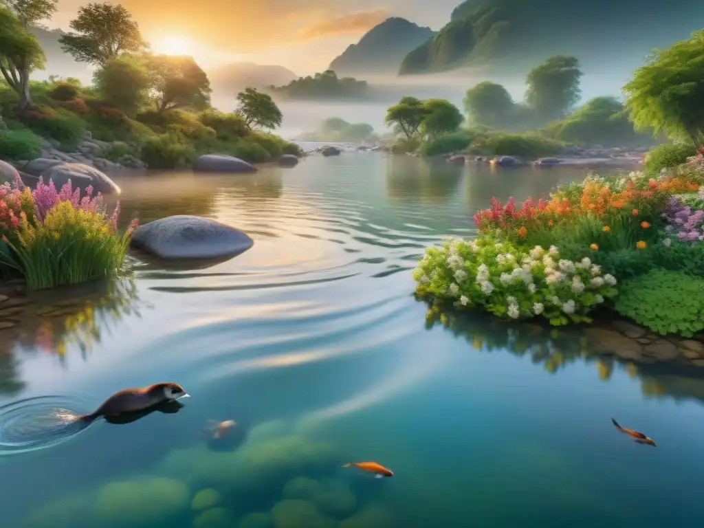 Río vibrante: vida silvestre y belleza natural en 8k Un río vibrante con agua cristalina, aves y nutrias, bajo la cálida luz del atardecer