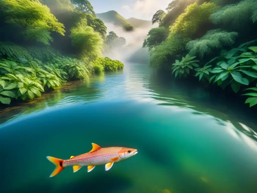 Maravilloso ecosistema fluvial: diversidad de peces en agua cristalina Un río vivo con peces y vegetación exuberante, reflejando la diversidad natural