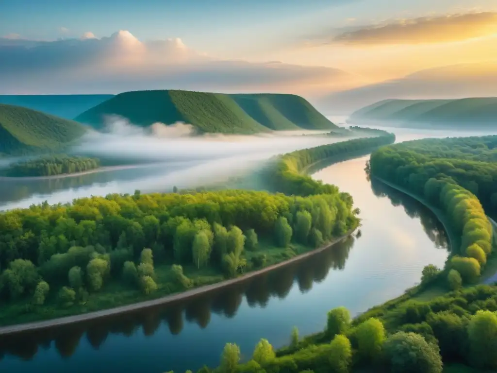 Reflejos dorados: Majestuoso río Volga en un bosque exuberante al atardecer Río Volga deidad protector tradición: Atardecer dorado en el río, reflejos nítidos de árboles en el agua serena