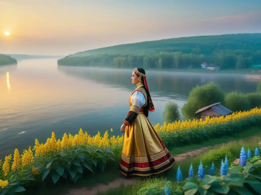 Ritual de danza al atardecer en el majestuoso río Volga Río Volga: deidad protectora y tradición Slava en un ritual al atardecer