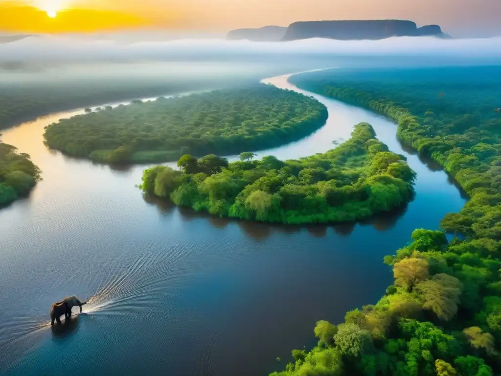 Espléndida vista aérea del río Zambeze con elefantes y hipopótamos Biodiversidad del río Zambeze: Elefantes bebiendo, aves coloridas volando y un hipopótamo en el agua al atardecer