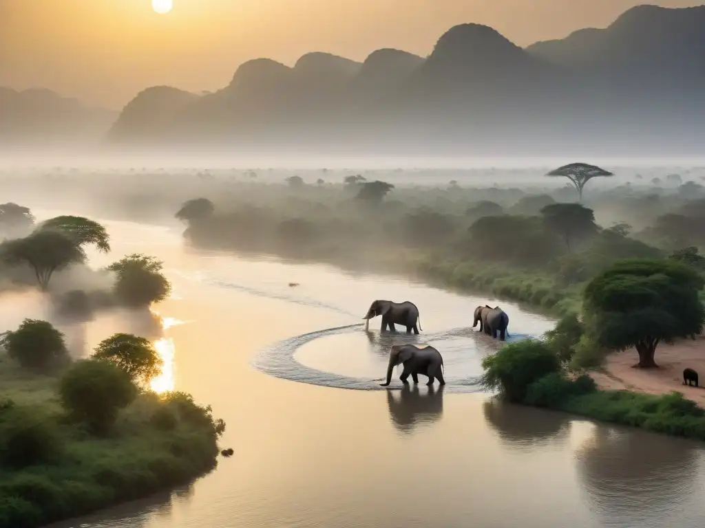Zambezi River al amanecer: belleza natural africana El Río Zambeze serpentea al amanecer, reflejando el sol dorado en sus aguas tranquilas, con una exuberante vegetación y vida silvestre africana