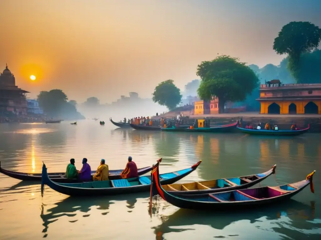 Amanecer sagrado en el Ganges: reflejos dorados y peregrinos en rituales Ríos emblemáticos del mundo: Amanecer sobre el sagrado Ganges, con barcas y peregrinos en rituales matutinos