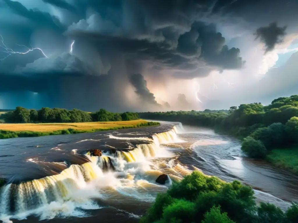 Tormenta en el río: el poder de la naturaleza en su máxima expresión Fotografiando ríos durante eventos climáticos: un río embravecido bajo una tormenta severa con relámpagos iluminando el cielo