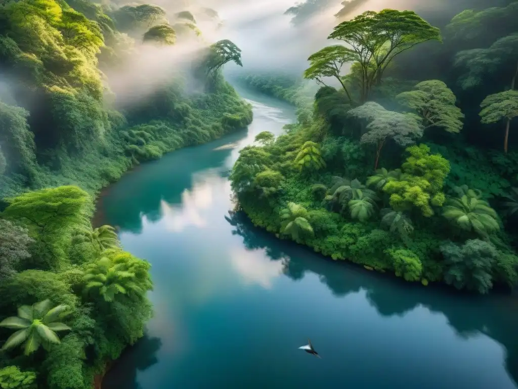 Río místico: belleza ancestral en un bosque exuberante Preservación de ríos míticos en redes: Un río sereno serpentea entre un bosque exuberante, bañado por la luz filtrada a través del dosel