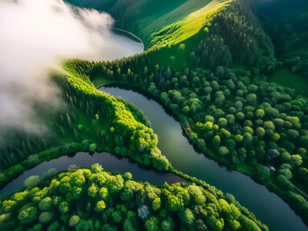 Río serpenteante entre montañas: vista aérea impresionante Fotografía aérea de ríos serpenteando entre montañas verdes, capturada desde un drone en altitud, mostrando la grandiosidad de la naturaleza