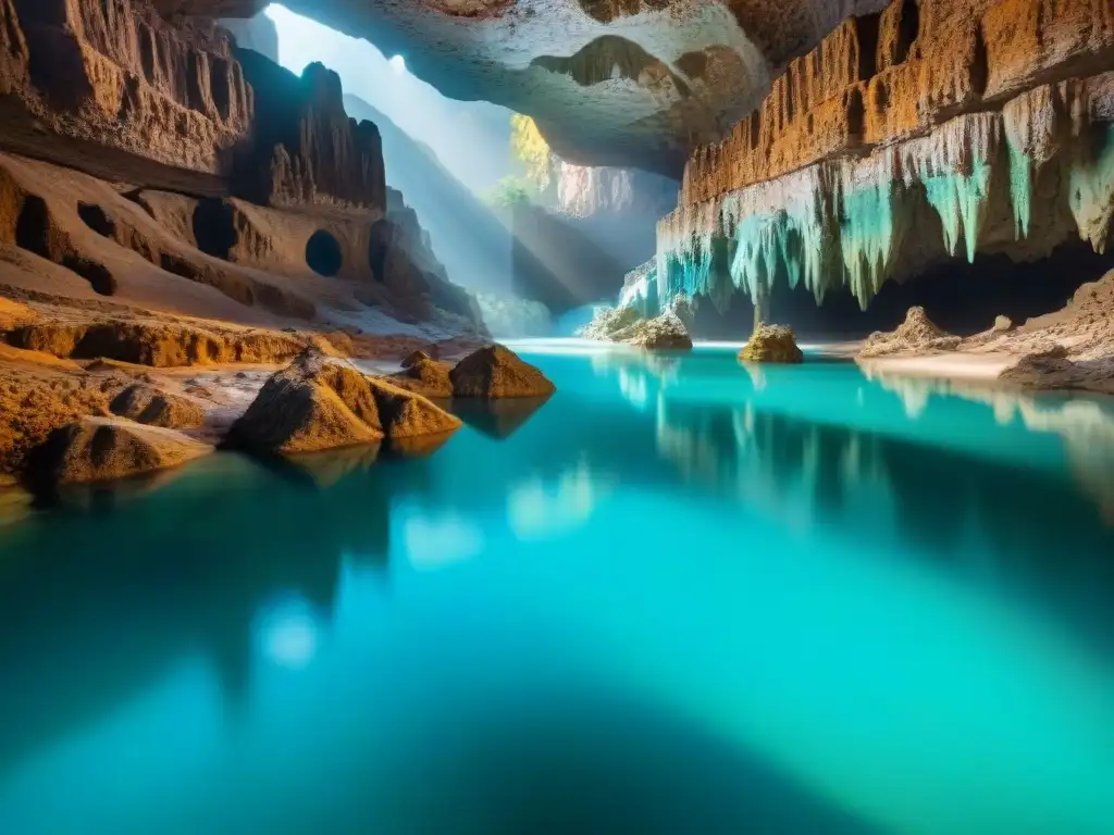 Río subterráneo: red acuática en cueva iluminada Ríos subterráneos fenómenos geológicos: Intrincado paisaje acuático subterráneo iluminado por rayos de luz, reflejando estalactitas y estalagmitas