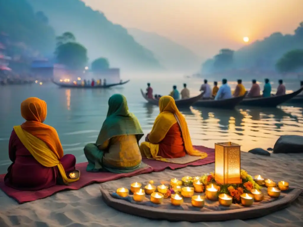 Ceremonia sagrada al amanecer en el Ganges Un ritual sagrado al amanecer en las orillas del Ganges