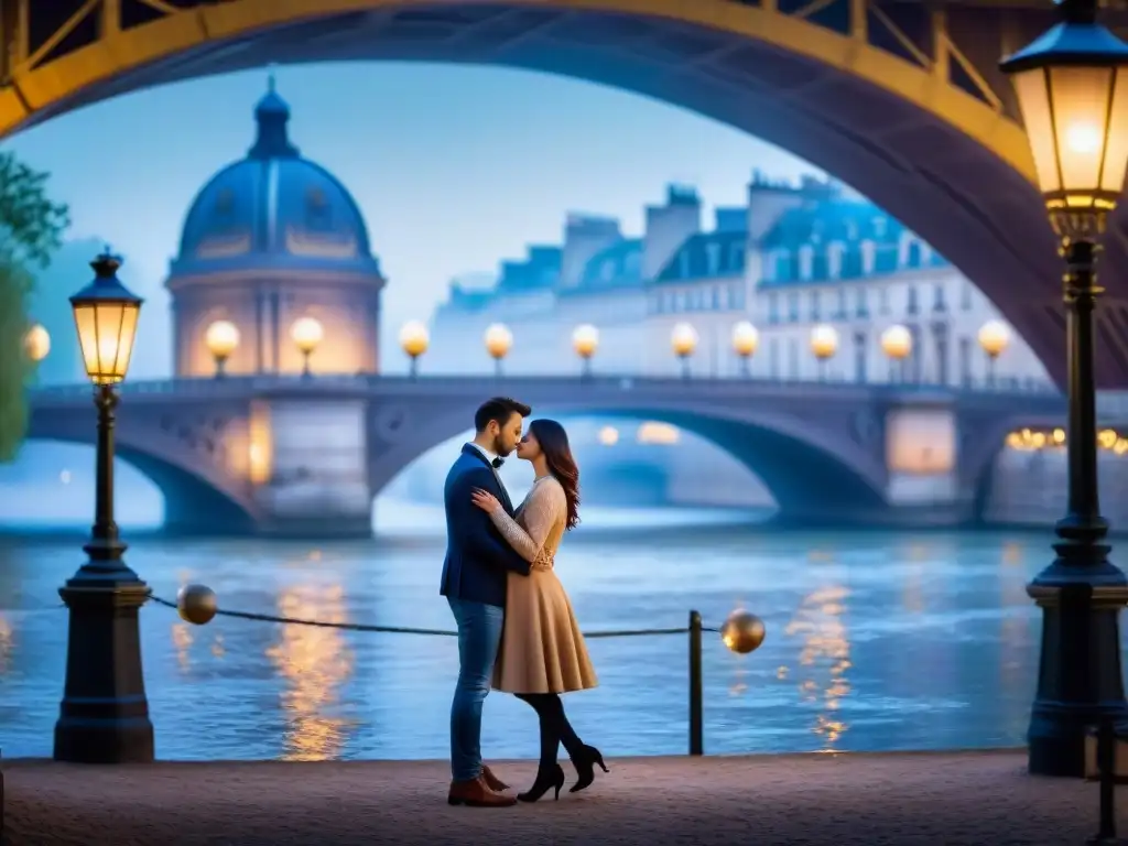 Romántico abrazo bajo un puente parisino al amanecer Romance bajo un puente parisino, abrazo tierno entre parejas
