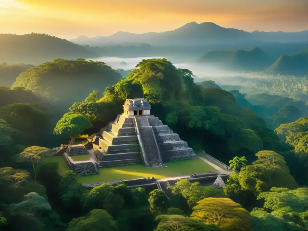 Ruinas de Palenque: majestuosidad en la selva Ruinas antiguas de Palenque entre la exuberante selva a orillas del Río Grijalva, con templos de piedra y monos aulladores