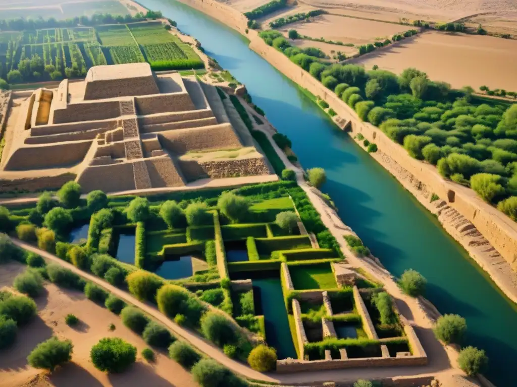 Ruinas ancestrales de Mesopotamia: historia dorada al atardecer Ruinas antiguas en los ríos Tigris y Éufrates: ziggurats, templos e historia en tonos dorados al atardecer