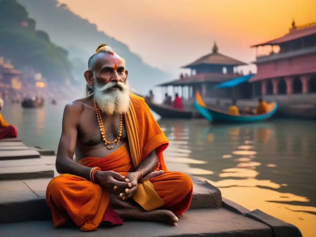 Mediación serena en el Ganges al amanecer Sadhu anciano medita en templo vibrante a orillas del Ganges al amanecer