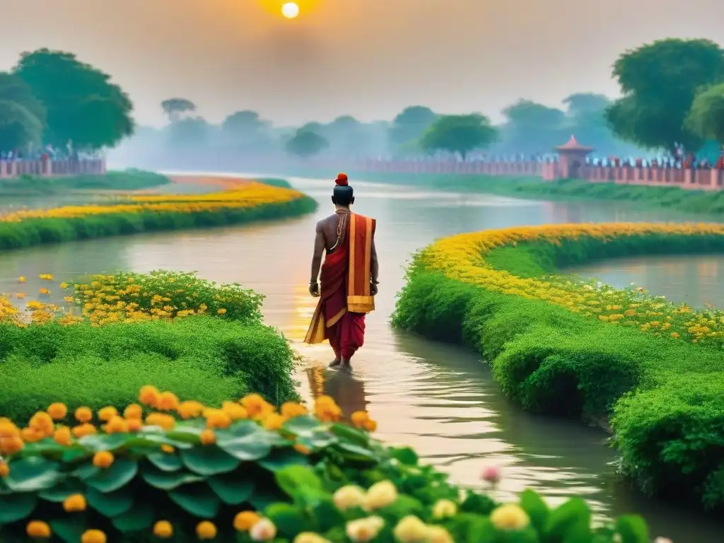 Río Yamuna sagrado: belleza y espiritualidad en Vrindavan El sagrado río Yamuna fluye entre paisajes verdes de Vrindavan, India