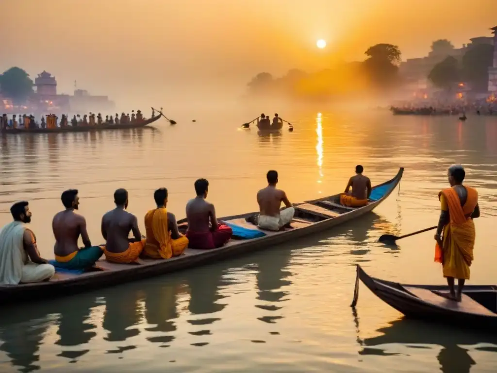 Amanecer sagrado en el río Ganges: devotos en Varanasi Amanecer sobre el sagrado río Ganges en Varanasi, India