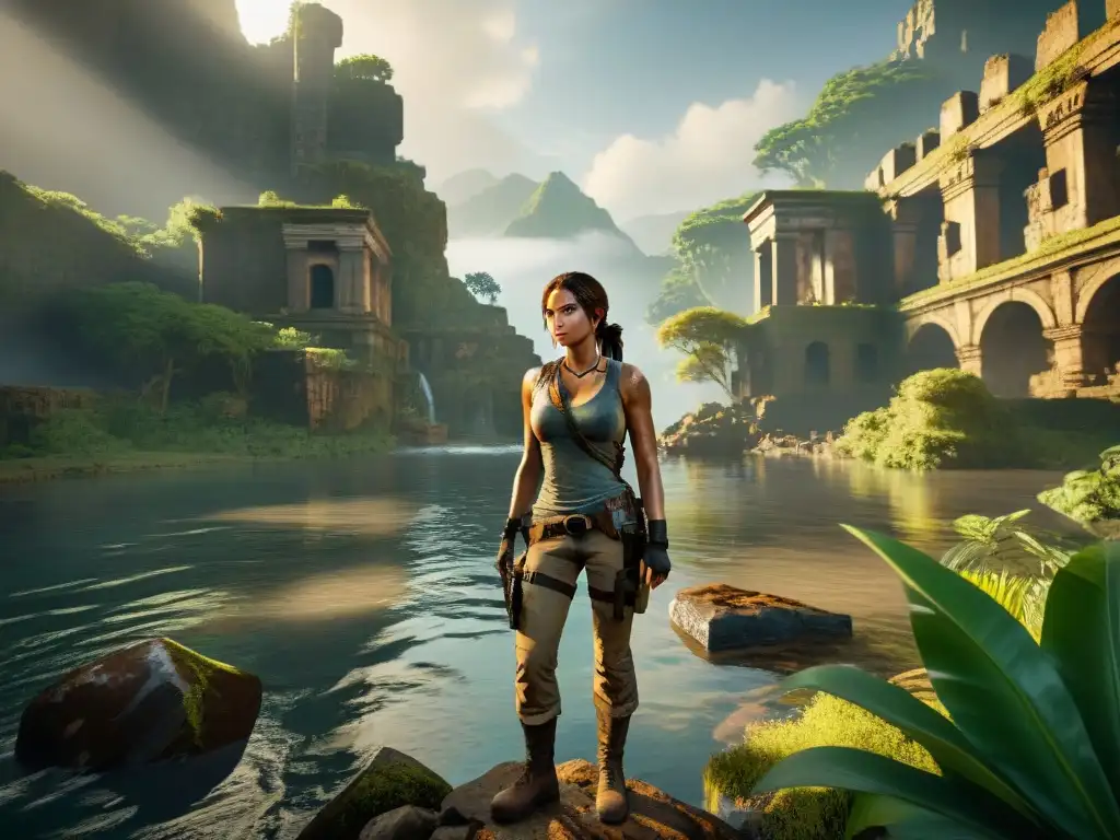 Exploración y misterio: Lara Croft en ruinas ancestrales al atardecer Explorando secretos ríos emblemáticos Tomb Raider al atardecer con Lara Croft en ruinas sumergidas