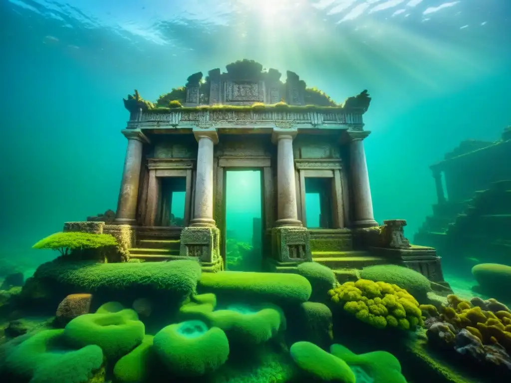 Ruinas ancestrales sumergidas en un río místico Descubre los secretos de los ríos emblemáticos en una ciudad antigua sumergida rodeada de peces brillantes y algas coloridas