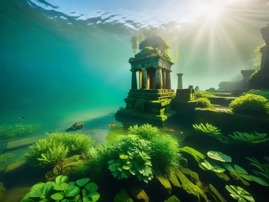 Templo sumergido emergiendo del río: misterio y maravilla Descubre los secretos de los ríos emblemáticos en un templo antiguo sumergido, emergiendo del agua con estatuas y peces alrededor
