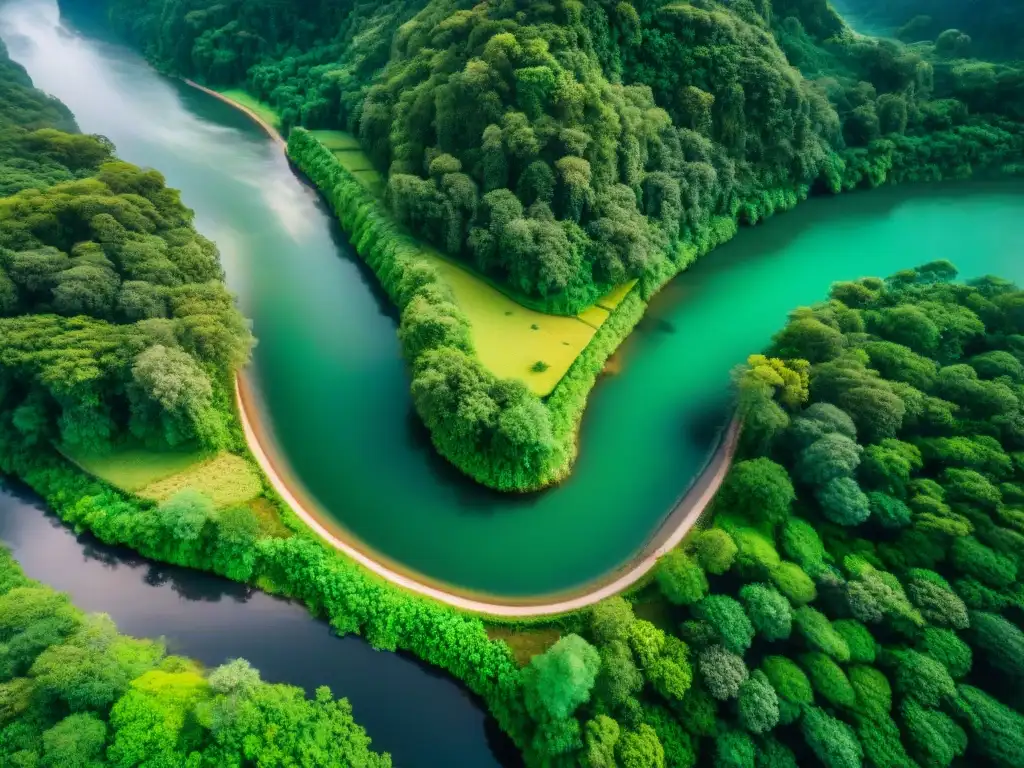 Exploración aérea: Drone sobre río virgen en selva exuberante Explorando los secretos de ríos remotos con drones sobre selva exuberante
