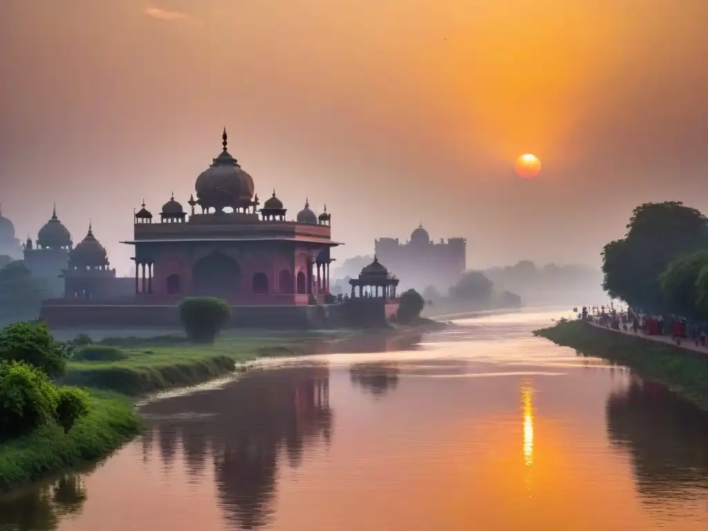 Serena vista del río Yamuna al amanecer, reflejando tonos rosados y naranjas