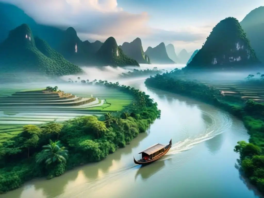 Espléndido paisaje del río Mekong: serenidad y belleza natural Explora la serenidad del río Mekong, con barcas tradicionales y montañas misteriosas
