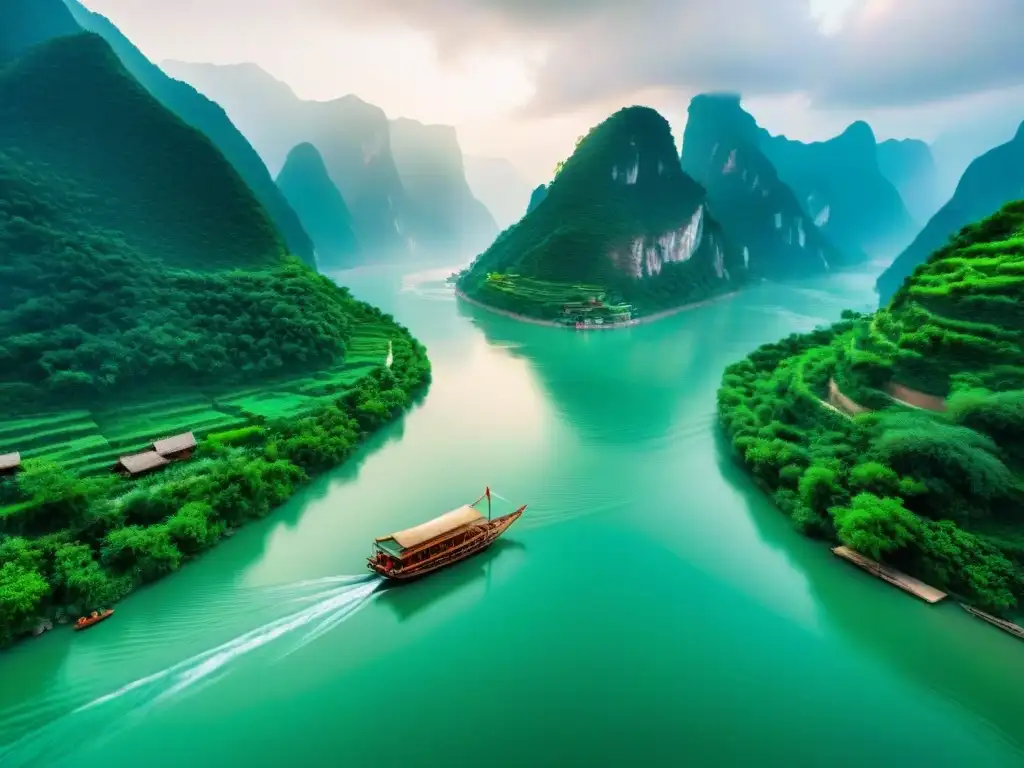Río Yangtsé: Serenidad y aventura entre montañas verdes Explora la serenidad del Yangtsé con sus montañas verdes y barcos tradicionales