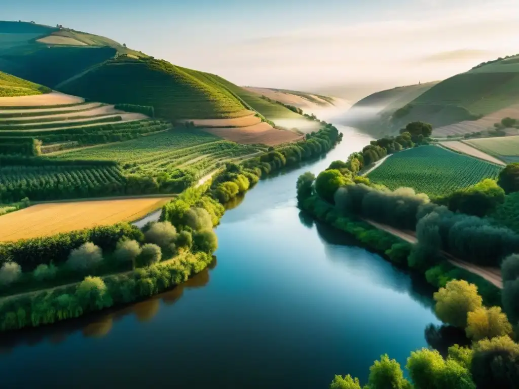Sereno Río Duero: Belleza Literaria Portuguesa Río Duero sereno en Portugal, con luz dorada matutina y exuberante naturaleza, evocando la literatura y cultura ibérica