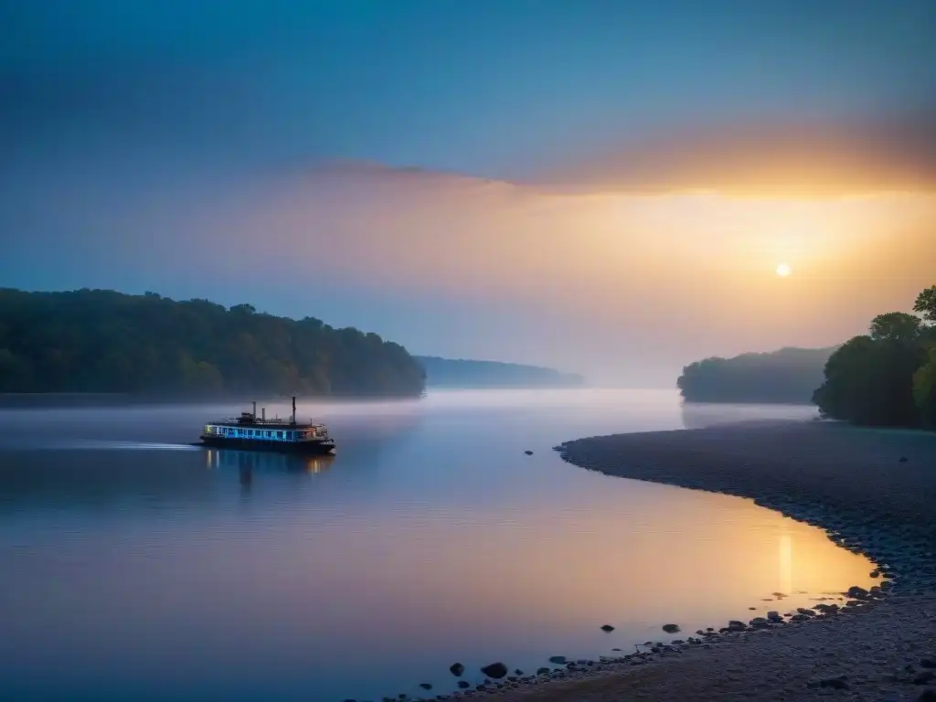 Misterio en el Mississippi: el barco fantasma al atardecer Silueta de un antiguo barco de vapor en el misterioso Río Mississippi al anochecer, reflejando historias recientes de fantasmas