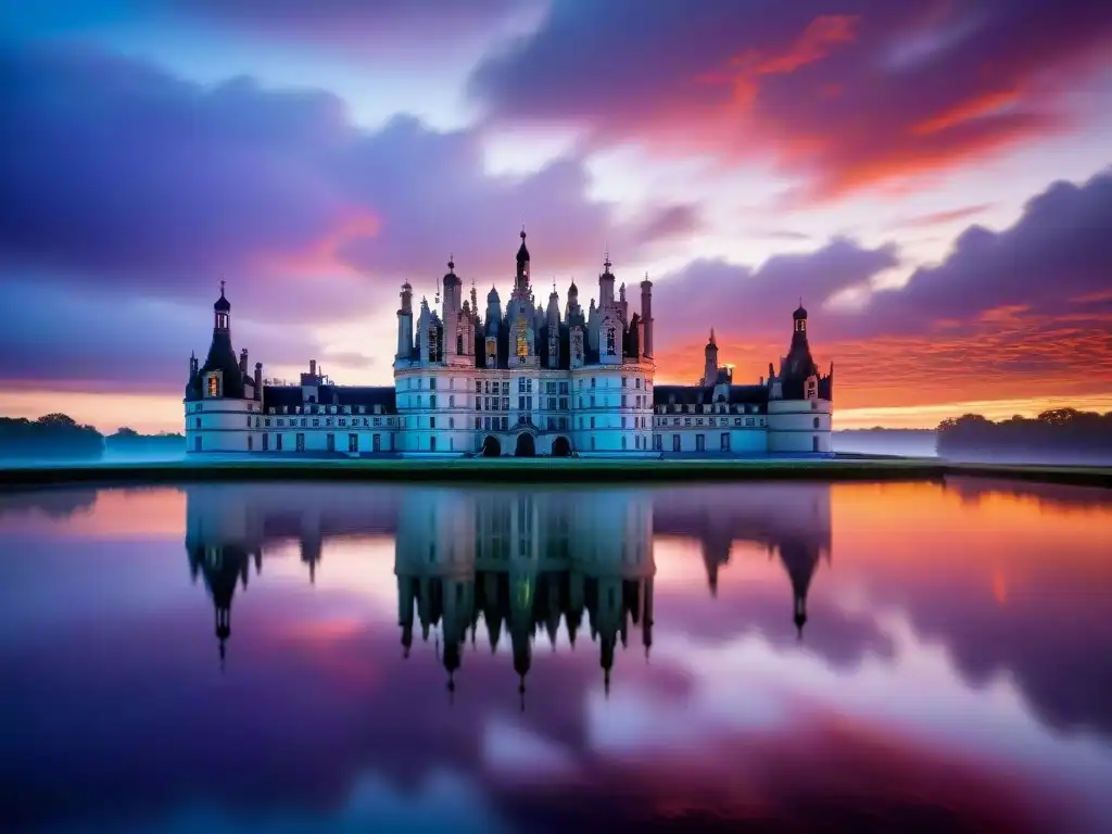 Château de Chambord: Silueta majestuosa al atardecer Silueta del majestuoso Château de Chambord al atardecer, con leyendas río Loira, castillos y fantasmas en el aire