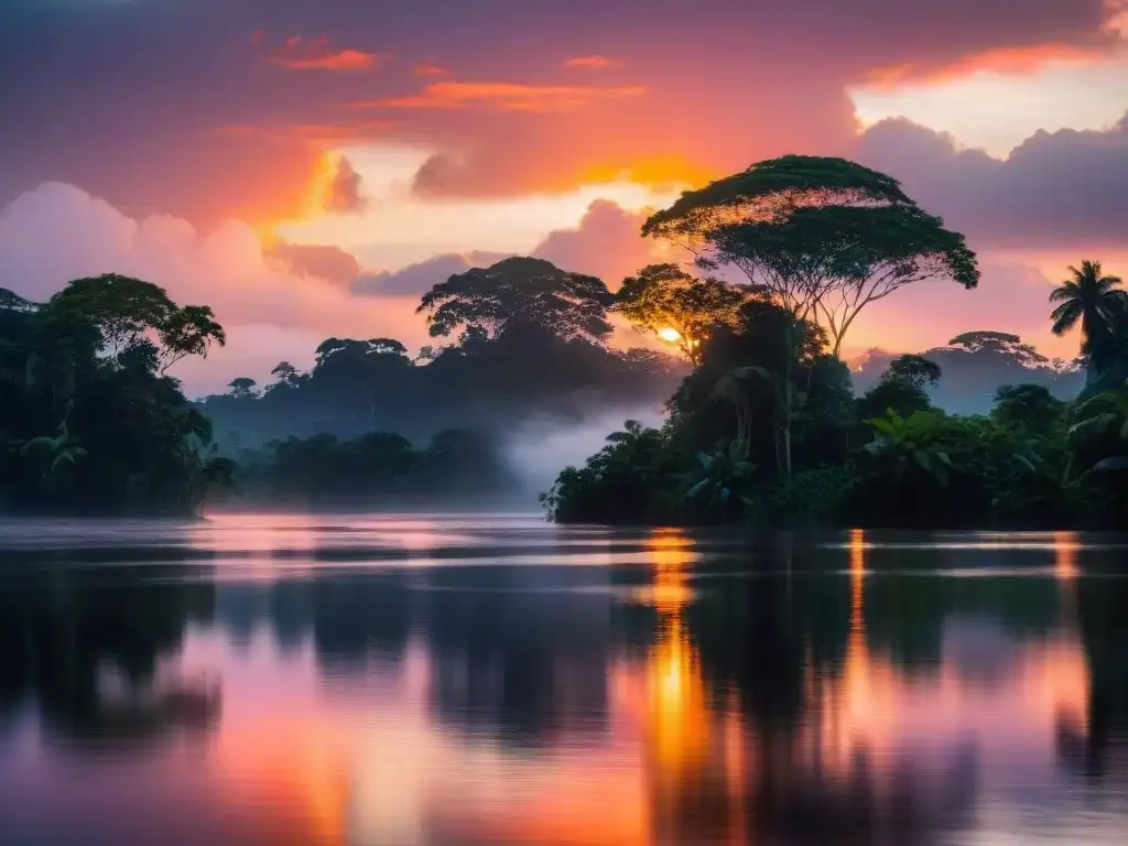 Puesta de sol vibrante sobre el río Amazonas Siluetas de árboles en la vibrante puesta de sol sobre el Amazonas, reflejadas en el agua tranquila