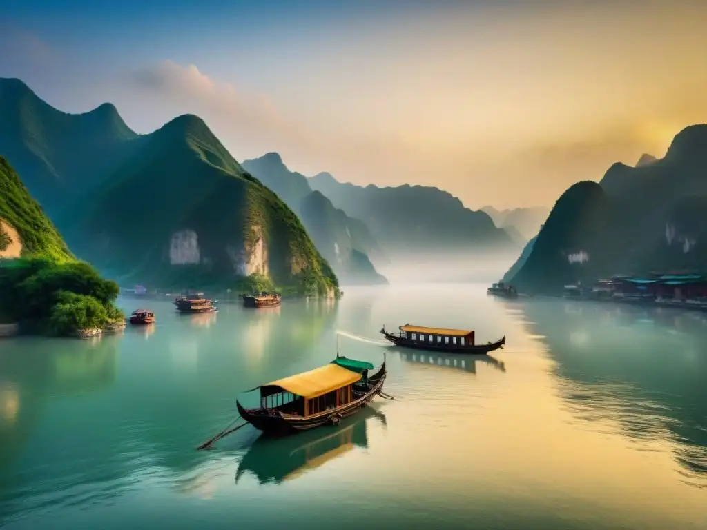 Amanecer mágico sobre el río Yangtsé con barcas chinas tradicionales Siluetas de barcos pesqueros chinos al amanecer en el majestuoso río Yangtsé, con montañas verdes al fondo