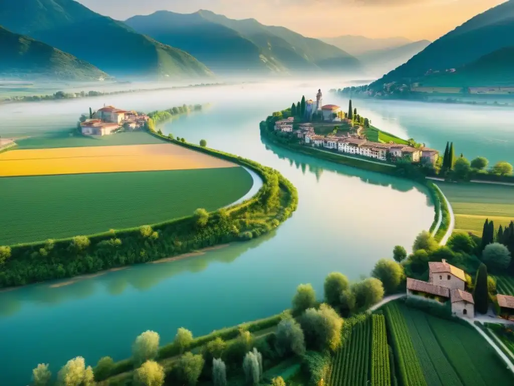 Paisaje idílico del Río Po al atardecer en Italia El sol se pone sobre el majestuoso Río Po en el norte de Italia, iluminando la escena serena con pescadores y puentes históricos