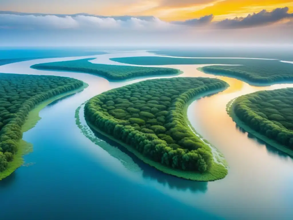 Delta biodiverso: equilibrio entre tierra y agua Supervivencia de ecosistemas deltas frente al cambio climático: Delta verde se funde con el azul del mar, barcos y aves en armonía