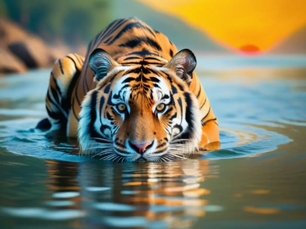 Espléndido tigre Bengalí en el Ganges al atardecer Un tigre de Bengala bebe del Ganges al atardecer, mostrando el impacto del cambio climático en la región