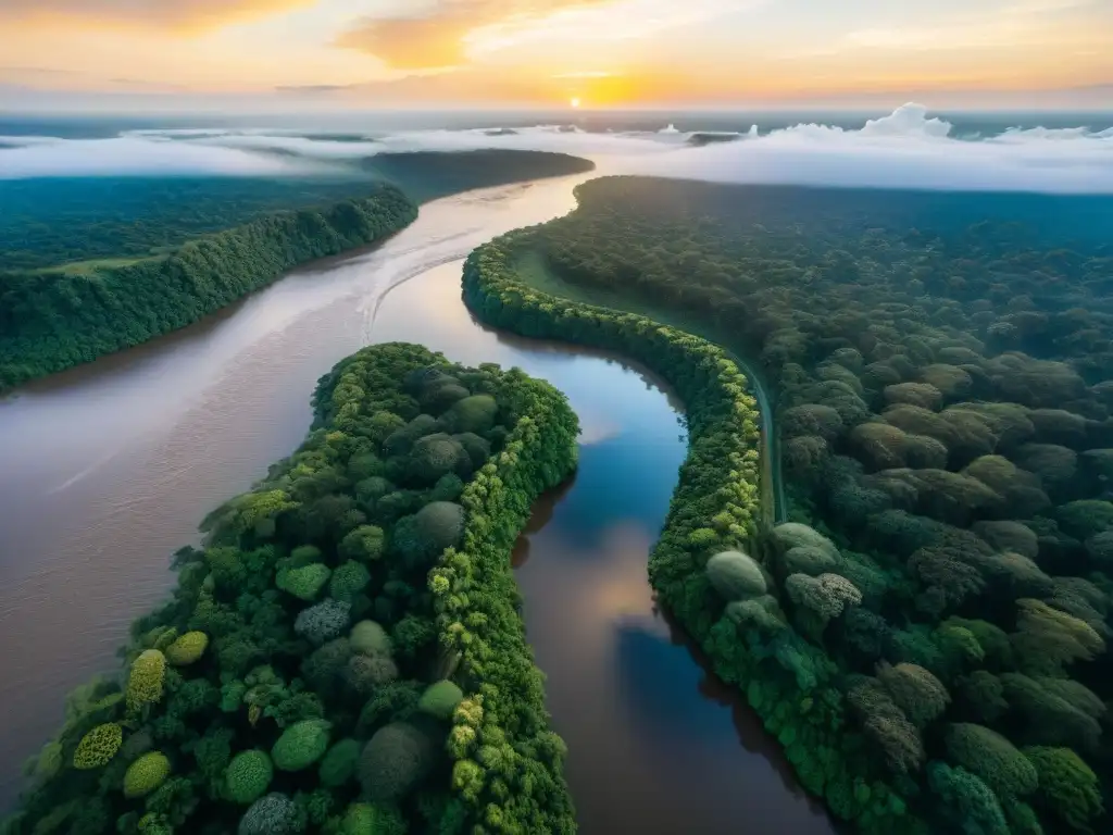Amazonas: Fluye majestuoso al atardecer Timelapse de ríos emblemáticos del mundo: el majestuoso caudal del Amazonas al atardecer, con su exuberante vegetación y red de afluentes