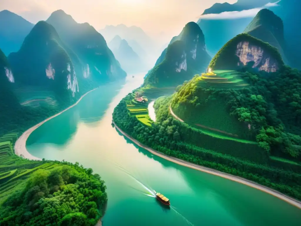 Río Yangtsé: serenidad y aventura en China Un tranquilo río Yangtsé rodeado de exuberantes montañas verdes, con un bote chino de madera deslizándose graciosamente en sus aguas