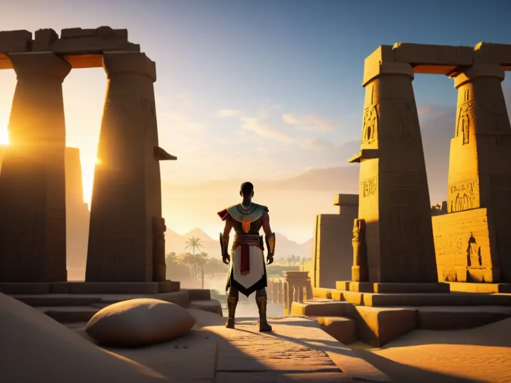 Ruinas de Karnak al atardecer: Misterio y aventura en Egipto Explora la travesía de Assassin's Creed en medio de los mitos del antiguo Egipto, con ruinas de Karnak y el Nilo al atardecer