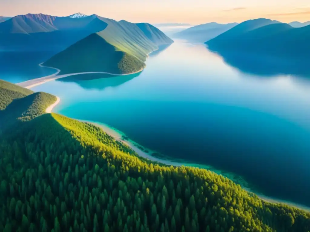 Lago Baikal: vista aérea de aguas turquesas y montañas nevadas Turismo sostenible en Lago Baikal: Vista aérea impresionante del lago con aguas turquesas, montañas nevadas y bosques verdes