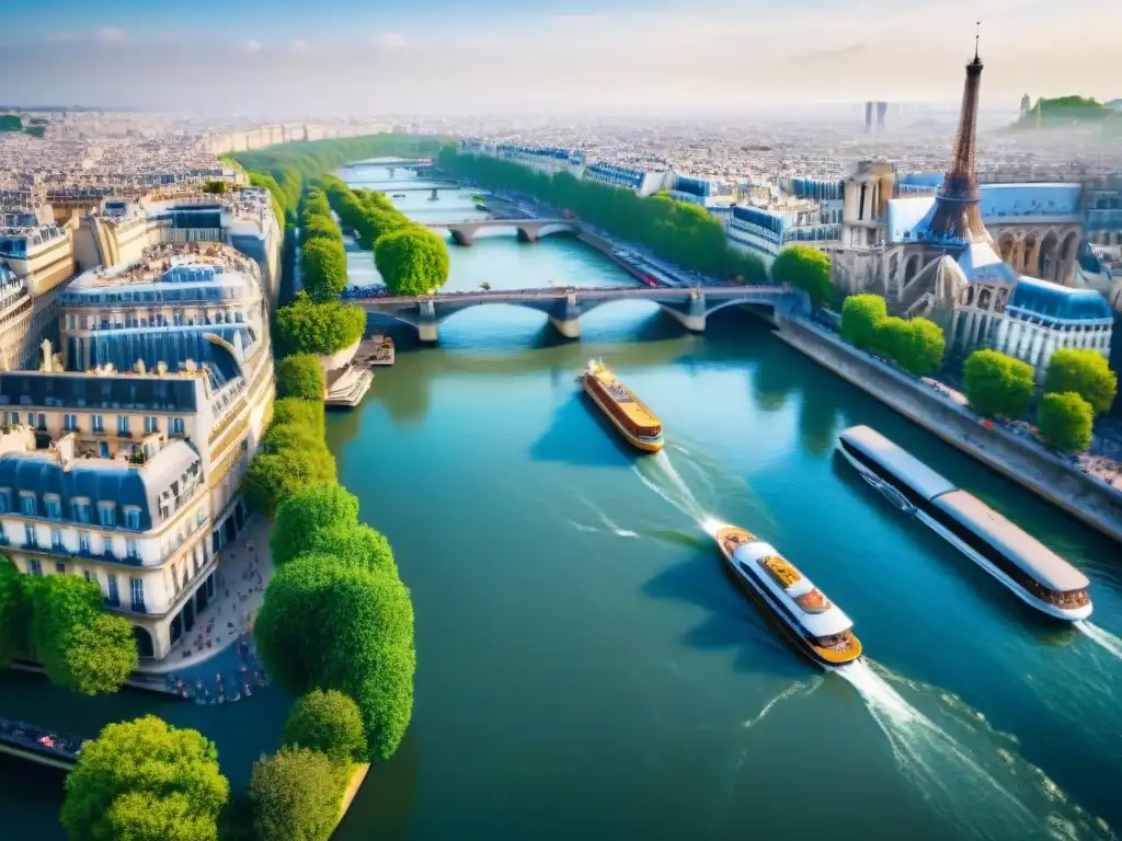 Vistas aéreas impresionantes del río Sena en París Turismo sostenible en ríos emblemáticos: Vista aérea de París con la Torre Eiffel, la Catedral de Notre Dame y cafés a orillas del Sena