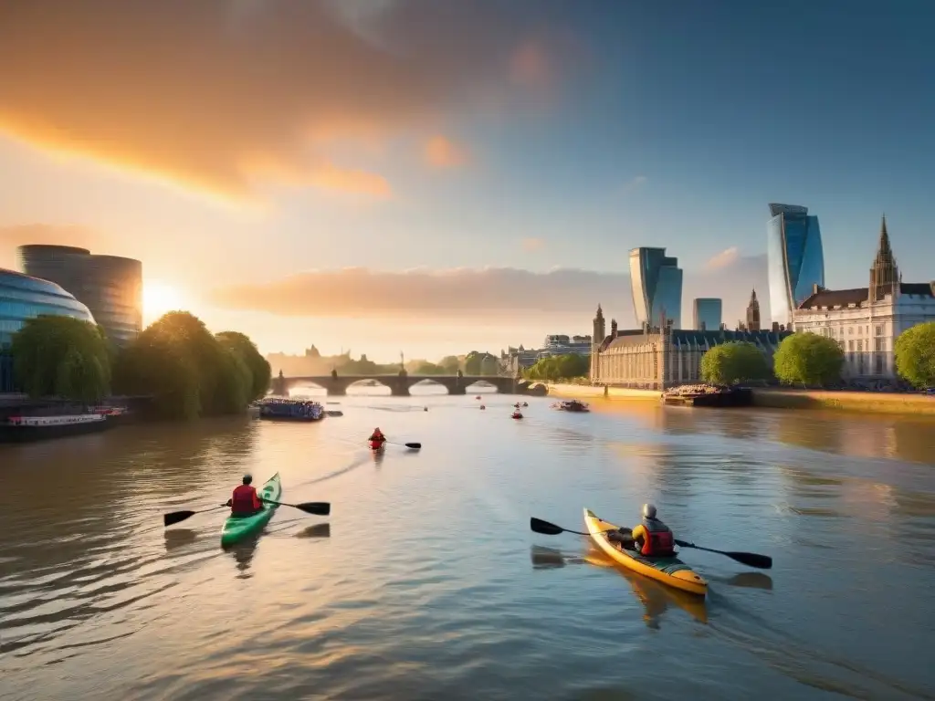 Turismo sostenible en el Támesis al atardecer Turismo sostenible en el Támesis: Turistas disfrutan de actividades ecoamigables en el atardecer de Londres