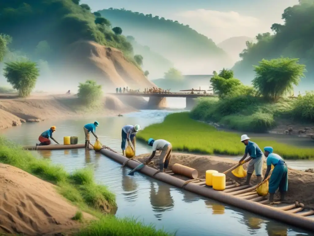 Construcción sostenible de filtro de agua: diversidad y colaboración Unidos en la construcción de un sistema de filtración de agua sostenible en un río