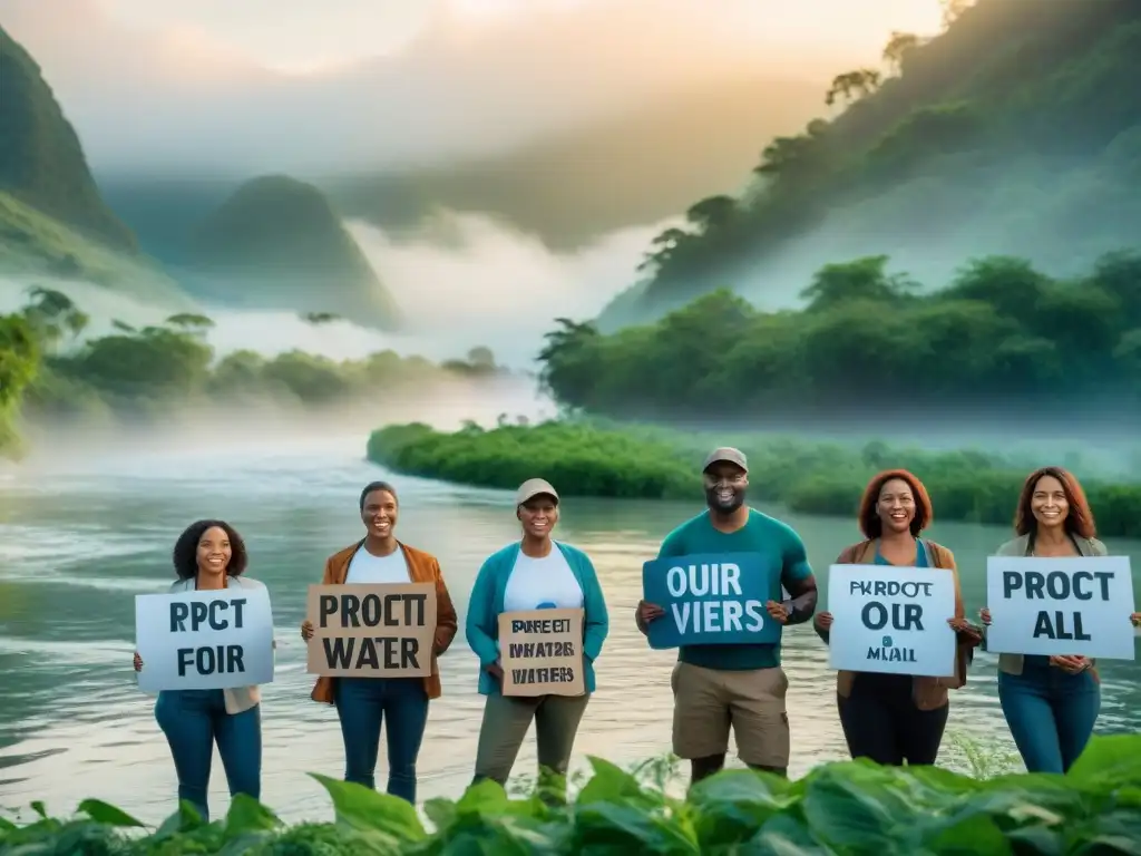 Activistas por los ríos: Unidos por un futuro sostenible Unidos por la naturaleza: Activistas de todas las edades se preparan para proteger los ríos al atardecer