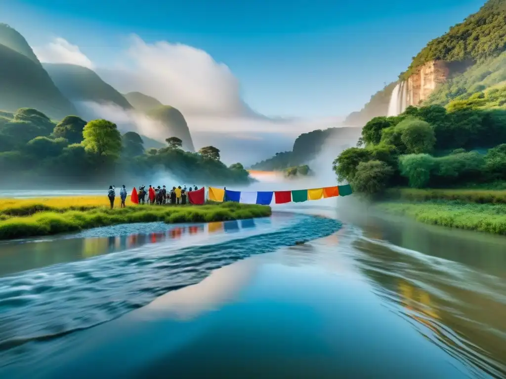 Protesta pacífica junto a un río cristalino Unidos por la naturaleza: Activistas sostienen pancartas coloridas en protesta pacífica junto a un río majestuoso