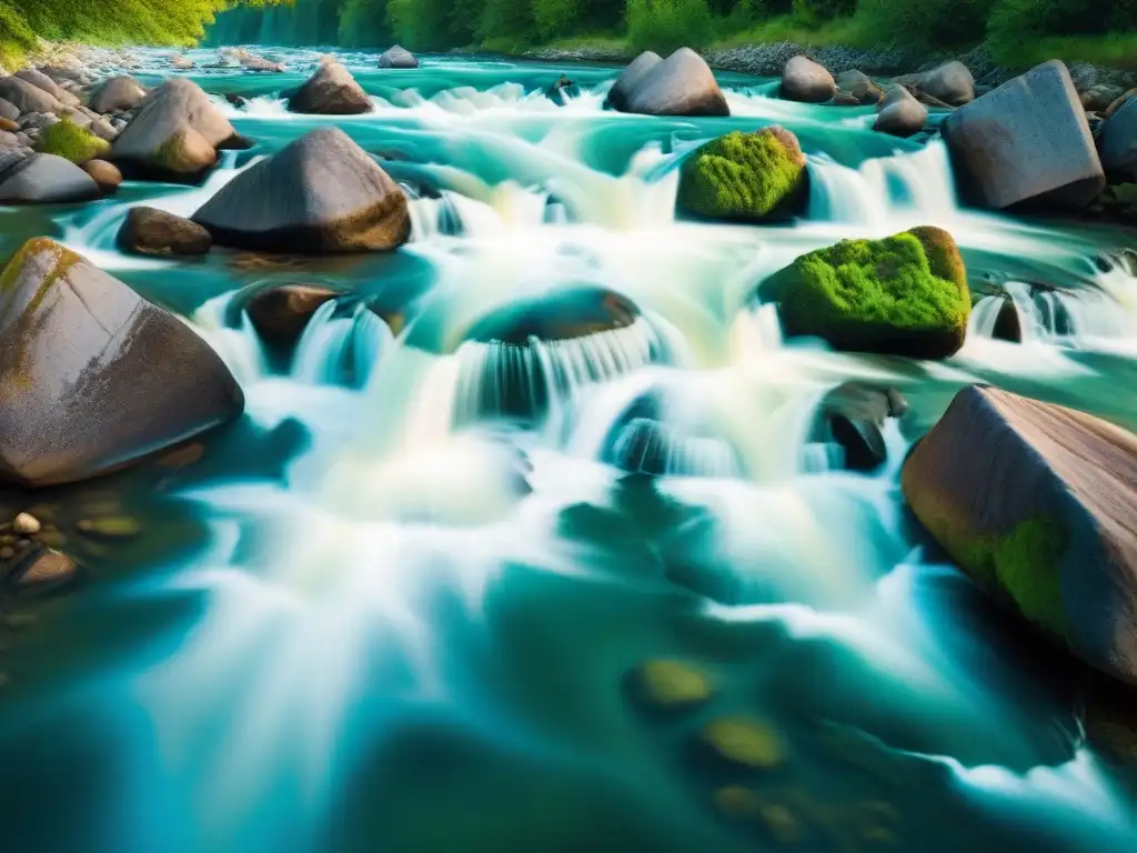 Río poderoso en movimiento fluido Captura la velocidad de un río caudaloso en movimiento fluido y poderoso