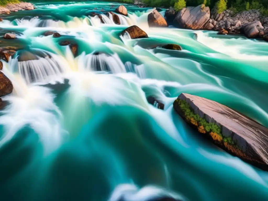 Río salvaje: energía y movimiento en aguas cristalinas Captura la velocidad de ríos caudalosos en movimiento frenético y mágico
