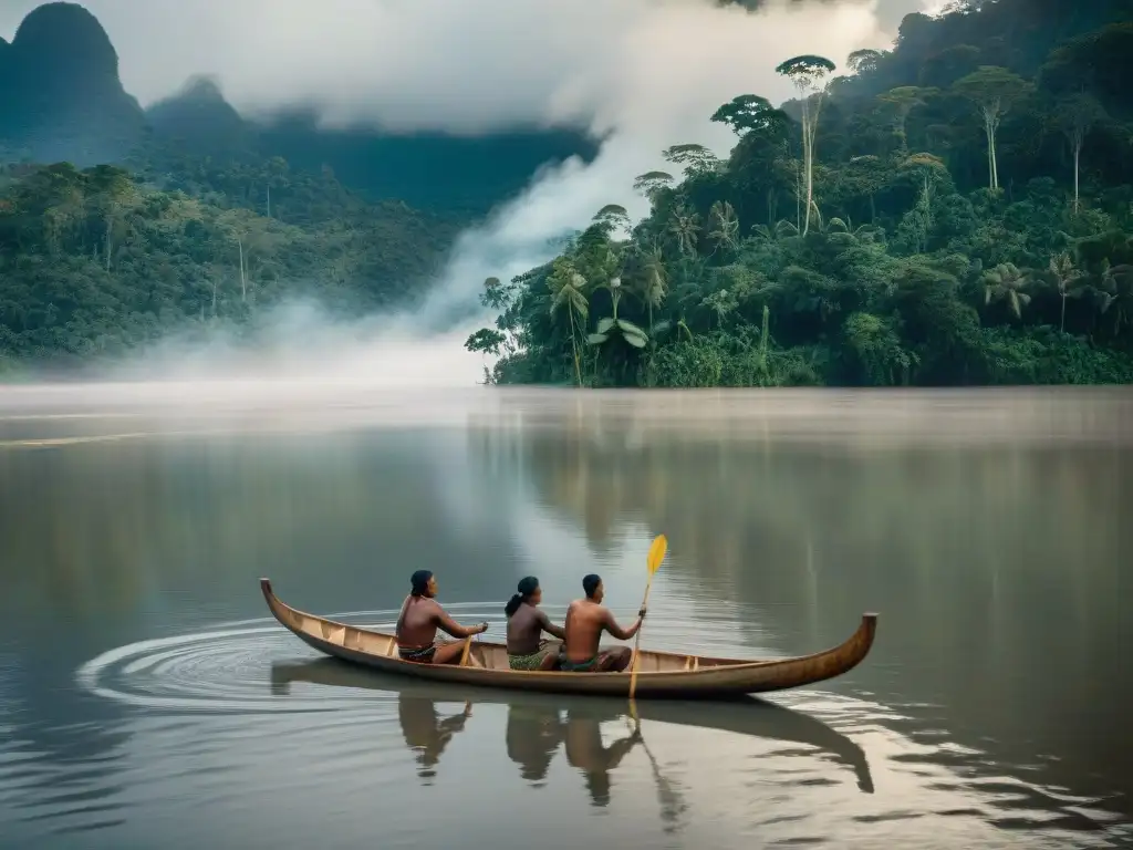 Travesía ancestral: indígenas en canoas por el Amazonas Viaje en canoa por un río legendario en la selva amazónica: Fotografía histórica con indígenas y exuberante vegetación