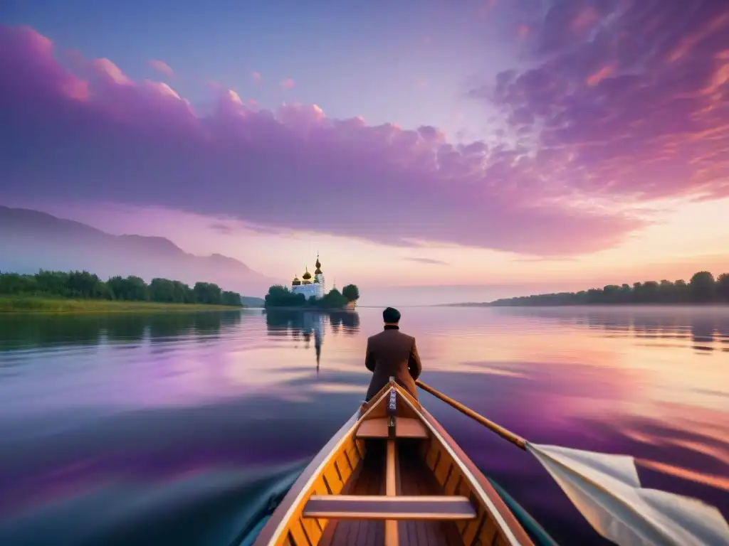 Viaje exclusivo en barcaza rusa por el majestuoso río Volga al atardecer Un viaje exclusivo en el Río Volga: viajeros admirando el atardecer en un bote ruso de madera mientras el paisaje refleja colores mágicos