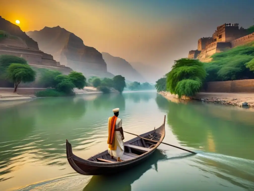 Río Indo al atardecer: serenidad y misticismo junto a ruinas ancestrales Un viaje místico por el emblemático río Indo al atardecer, rodeado de ruinas antiguas y exuberante vegetación